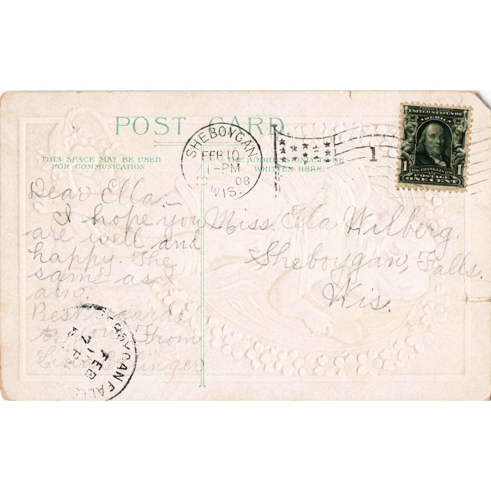 Antique 1908 Valentine Postcard Cherub Gold Embossed Heart Sheboygan WI Stamp - Picture 2 of 2
